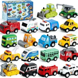 18 Pcs Pull Back City Cars and Trucks Toy Vehicles Set, Friction Powered Mini Cars